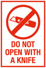 Behandelingsetiket "Do not open with a knife"