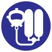 Blauw bord met pictogram om aan te duiden dat ademhalingsapparatuur verplicht is