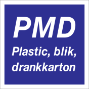 Blauw bord met pictogram voor afvalscheiding van PMD
