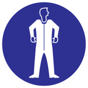 Blauw bord met pictogram om aan te duiden dat beschermende kleding verplicht is