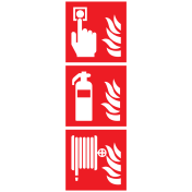 Bord met pictogram van een blusser, haspel en handmelder met vlam