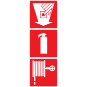 Bord met pictogram van een brandblusser, brandhaspel en handmelder met pijl