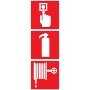 Bord met pictogram van een brandblusser, brandhaspel en handmelder