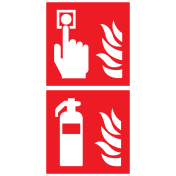 Bord met pictogram van een brandblusser en handbrandmelder met vlam