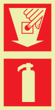Fotoluminescerend bord met pictogram van een brandblusser en handbrandmelder met pijl