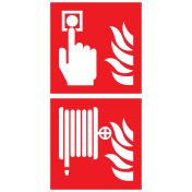 Bord met pictogram van een brandslaghaspel en handbrandmelder met vlam