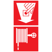 Bord met pictogram van een brandslanghaspel en handmelder met pijl