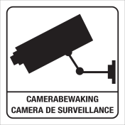 Wit bordje met pictogram camera en tekst voor aanduiden camerabewaking