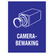 Blauw bord met pictogram camera met tekst voor aanduiden camerabewaking