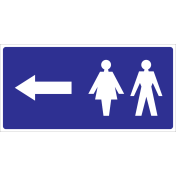 Blauw bordje met pictogram voor aanduiding ruimte voor dames en heren met pijl naar links