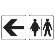 Bord met pictogram voor aanduiding ruimte voor dames en heren met pijl naar links