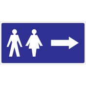 Blauw bordje met pictogram voor aanduiding ruimte voor dames en heren met pijl naar rechts
