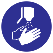 Blauw bord met pictogram handen ontsmetten verplicht