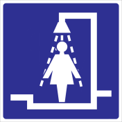 Blauw bord met pictogram voor aanduiding ruimte douche voor dames