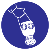 Blauw bord met pictogram om aan te duiden meedragen gasmasker