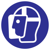 Blauw bord met pictogram om aan te duiden dat gelaatsbescherming verplicht is - ISO7010 - M013