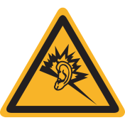 Bord met pictogram waarschuwing gevaar hard geluid, lawaai of gehoorbeschadiging