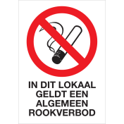 Bord met pictogram en tekst in dit lokaal geldt een algemeen rookverbod