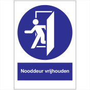 met pictogram en tekst nooddeur vrijhouden blauw/wit NEN 3011