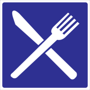 Blauw bord met pictogram aanduiding eetgelegenheid 