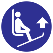Blauw bord met pictogram om aan te duiden dat de skipunten omhoog moeten