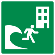 Bord met pictogram tsunami evacuatie gebouw ISO 7010