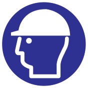 Blauw bord met pictogram om aan te duiden dan een veiligheidshelm verplicht is - ISO 7010 - M014