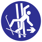 Blauw bord met pictogram voor aanduiding onmiddellijk skispoor verlaten.