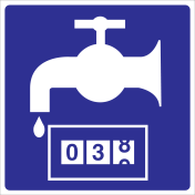 Blauw bordje met pictogram kraan en meter voor het aanduiden van een watermeter