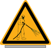 Gevarendriehoek met pictogram waarschuwing "Hogedrukspuit" (Aluminium)
