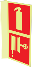 Gecombineerd fotoluminescerend haaks bord met pictogram van een brandblusser en brandslanghaspel