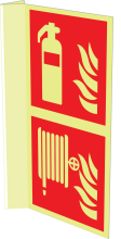 Gecombineerd fotoluminescerend haaks bord met pictogram van een brandblusser en brandslanghaspel volgens ISO 7010