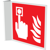 Haaks bord met pictogram van een handbrandmelder met vlam
