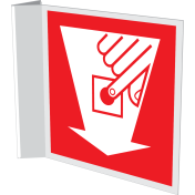 Haaks bord met pictogram van een handbrandmelder met pijl