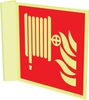 Fotoluminescerend haaks bord met pictogram van een brandslanghaspel volgens ISO 7010