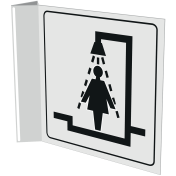 Haaks wit bord met pictogram voor aanduiding ruimte met douche voor dames