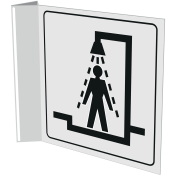 Haaks wit bord met pictogram voor aanduiden ruimte met douche voor heren