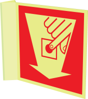 Fotoluminescerend haaks bord met pictogram van een handbrandmelder met pijl