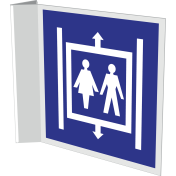 Haaks blauw bordje met pictogramm voor het aanduiden van een personenlift