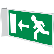 Dubbelzijdig haaks bord met pictogram nooduitgang links / rechts naar muur toe