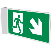Dubbelzijdig haaks bord met pictogram nooduitgang rechts naar beneden