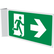 Dubbelzijdig haaks bord met pictogram nooduitgang links / rechts van muur af