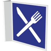 Blauw haaks bord met pictogram eetgelegenheid bv restaurant