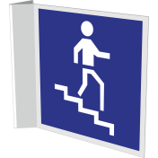 Blauw haaks bord met pictogram voor aanduiden trap omlaag