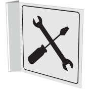 Haaks wit bord met pictogram voor het aanduiden van een werkplaats