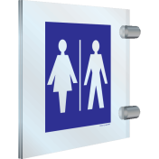Blauw dubbelzijdig plexiglas haaks bord met pictogram voor het aanduiden van een ruimte voor dames en heren
