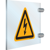 Dubbelzijdig haaks plexiglas bord met pictogram "Waarschuwing Elektrische Spanning" - ISO 7010 - W012