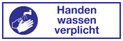 Sticker met pictogram en tekst om aan te duiden dat handen wassen verplicht is