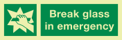 Fotoluminescerende sticker met IMO pictogram en tekst Breek Glas