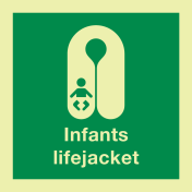 Fotoluminescerende sticker met IMO pictogram en tekst reddingsvest voor baby's